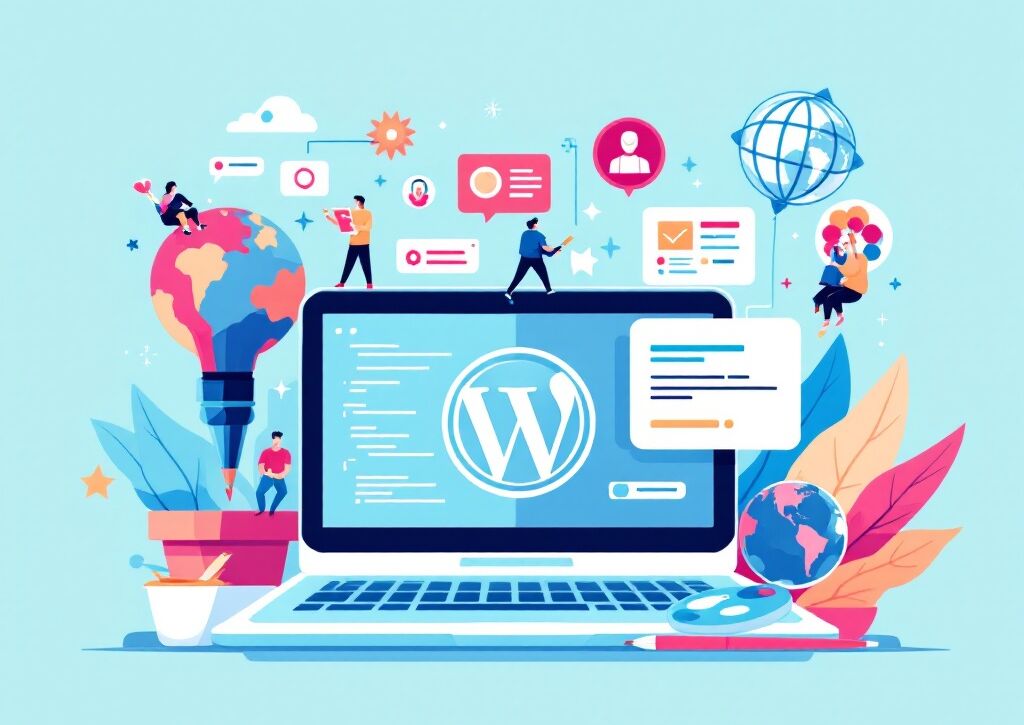 Illustration of Custom WordPress Development with a laptop, coding symbols, and design tools.